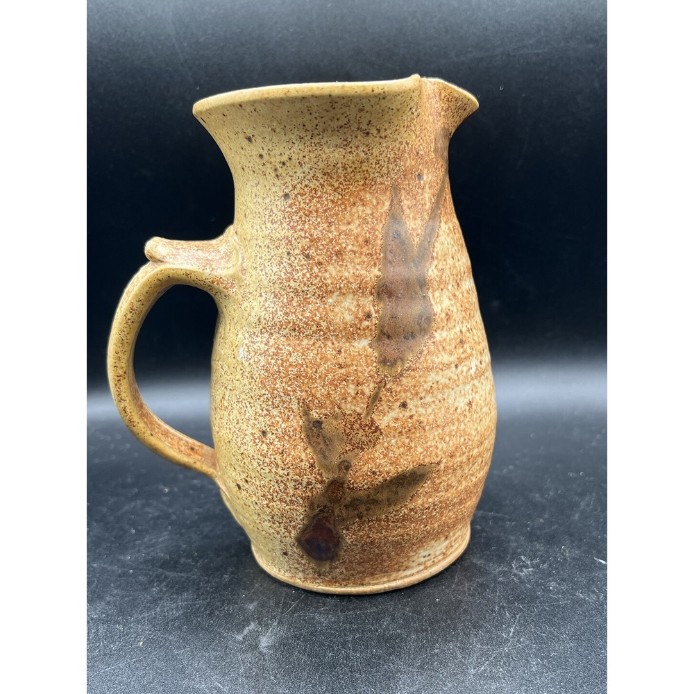 Studio Pottery Hand Thrown Pitcher Tan Brown Speckled Leaf Motif Signed K 7in - Picture 3 of 9
